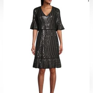 Shani V-Neck Black Sequin Dress with Flounce Size 2